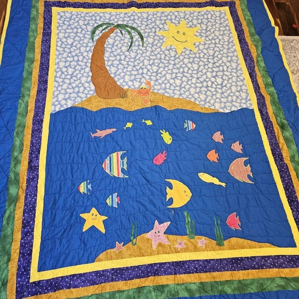 90s Beach Themed Tropical Kids Quilt Ocean Fish Appliques Full Size Under‎ Sea